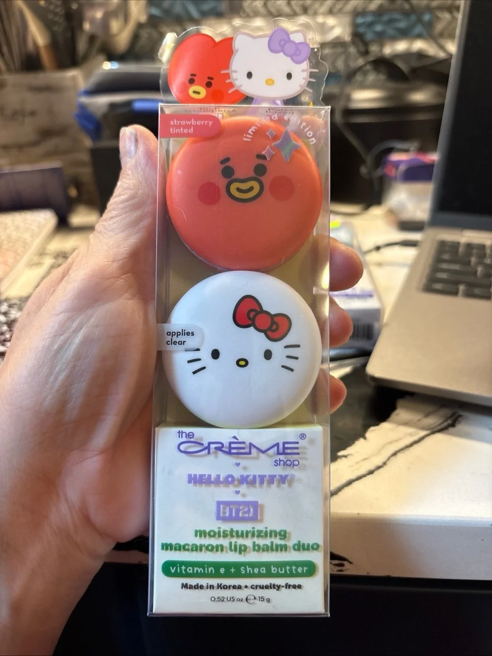 The Crème Shop Hello Kitty x BT21 Moisturizing Macaron Lip Balm Duo — Red & Blue